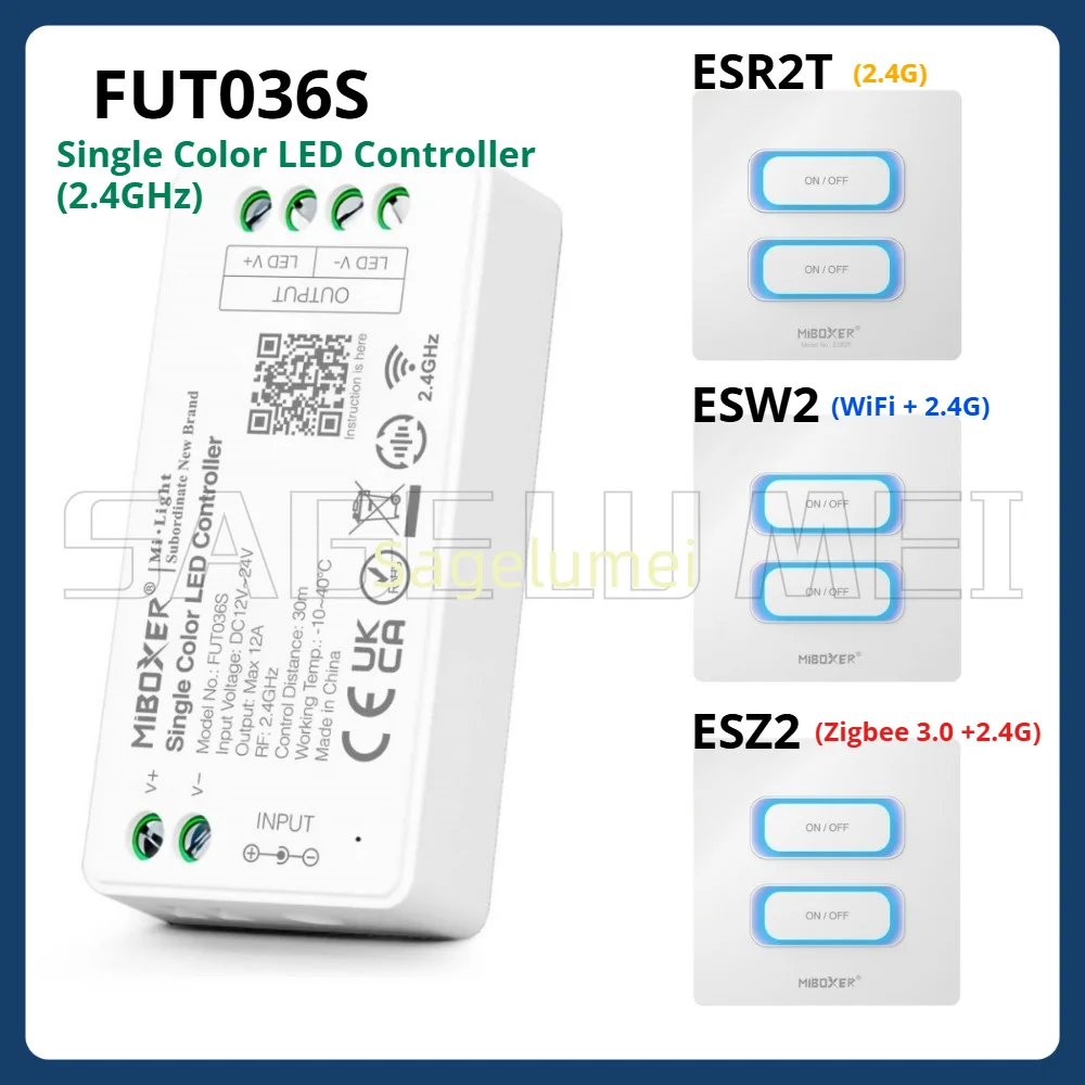 

MiBoxer FUT036S ESR2T/ESW2/ESZ2 2.4GHzRF Wireless Single Color 12A/Channel LED Controller For Single Color COB/Led Strip Light