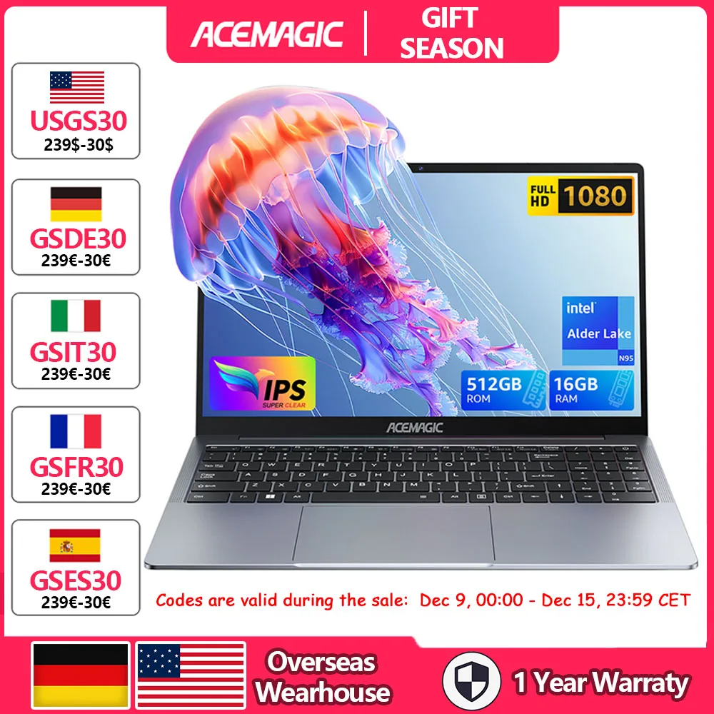 ACEMAGIC AX16 Laptop Intel N95 16 Inch 16GB LPDDR4 RAM 512GB SSD Lightweight Business Computer Notebook PC Windows 11 Pro