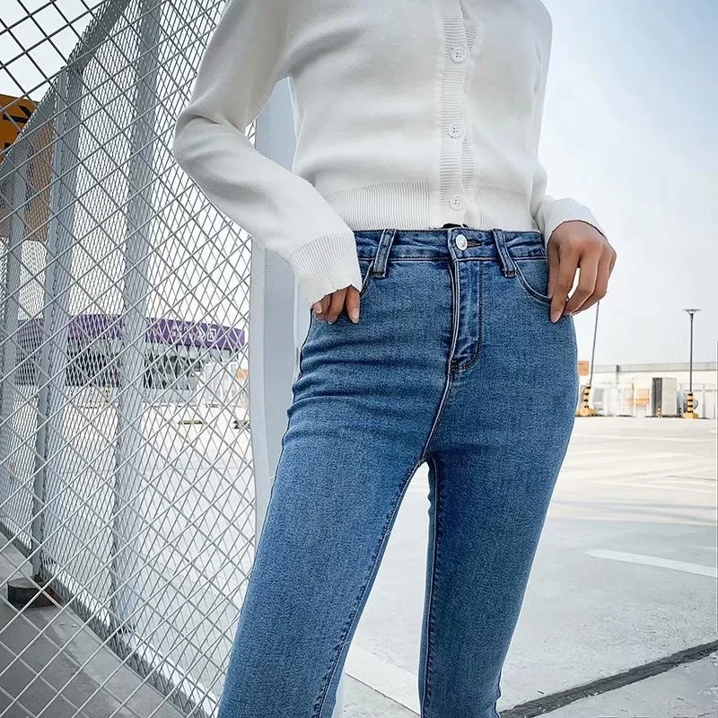 Cintura alta emagrecimento denim jeans feminino rua sle elástico elástico primavera pêssego bunda calças de pés pequenos