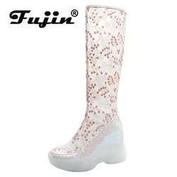 Fujin 8cm Air Mesh Thick Heel Embroider Lace Platform Wedge Fashion ZIP Breathable Knee High Booties Summer Hollow Women Shoes