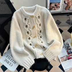 Mori Girl Sweet Knitted Cardigan Women Vintage O-Neck Embroidery Horn Button Sweater Loose Coat Y2k Cute Knitwear Autumn Clothes