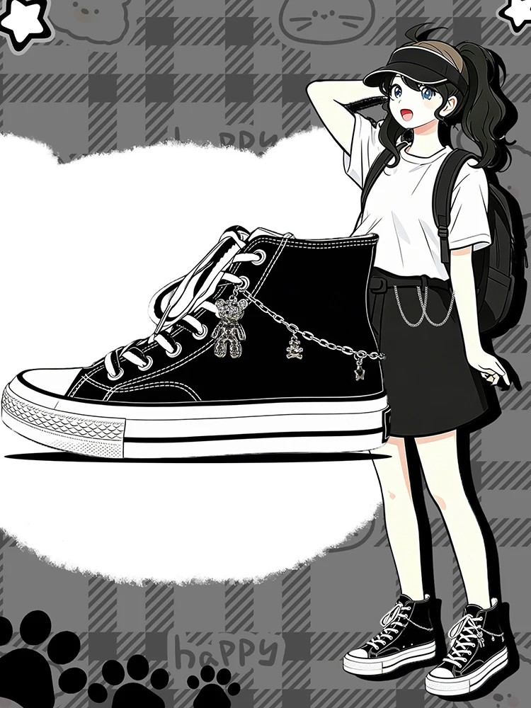 Amy und Michael Kawaii Bären-Charms Damen-Sneaker Niedliche Mädchen-Studenten High-Top Freizeit-Leinenschuhe Modische Teenager-Skateschuhe – Detail 3