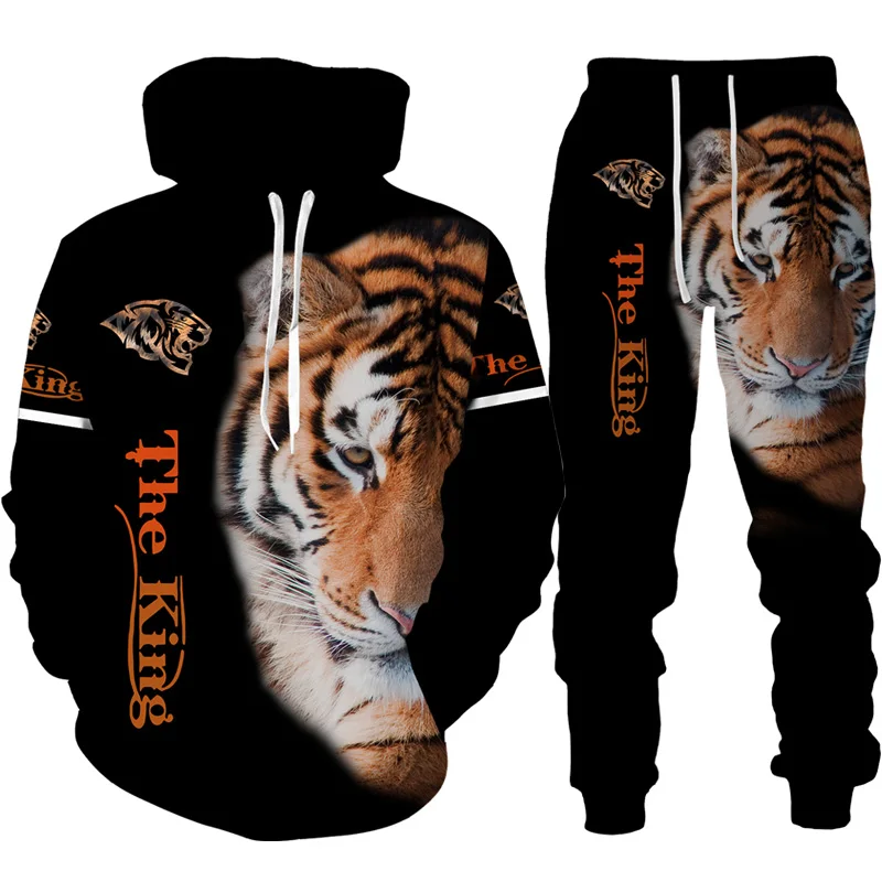 Cool Tiger 3D Animal Print Hoodie+Pants Suit Long Sleeve Pullover Men\'s Sportswear Tracksuit Couple Outfit Kids two-piece suits