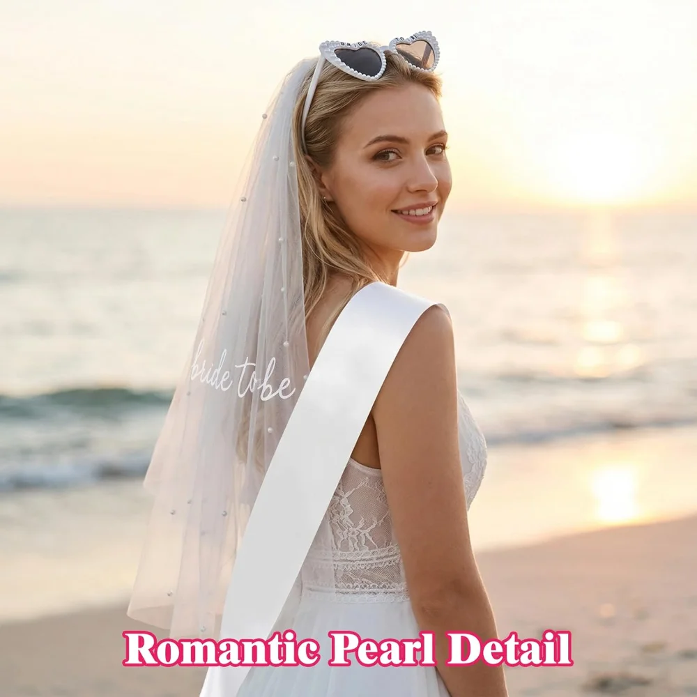 Braut-Zubehör-Set mit Schleier, Schärpe und Sonnenbrille für Junggesellinnenabschied, Brautparty, Verlobung, Strand, Flitterwochen, Foto-Requisiten – Detail 5