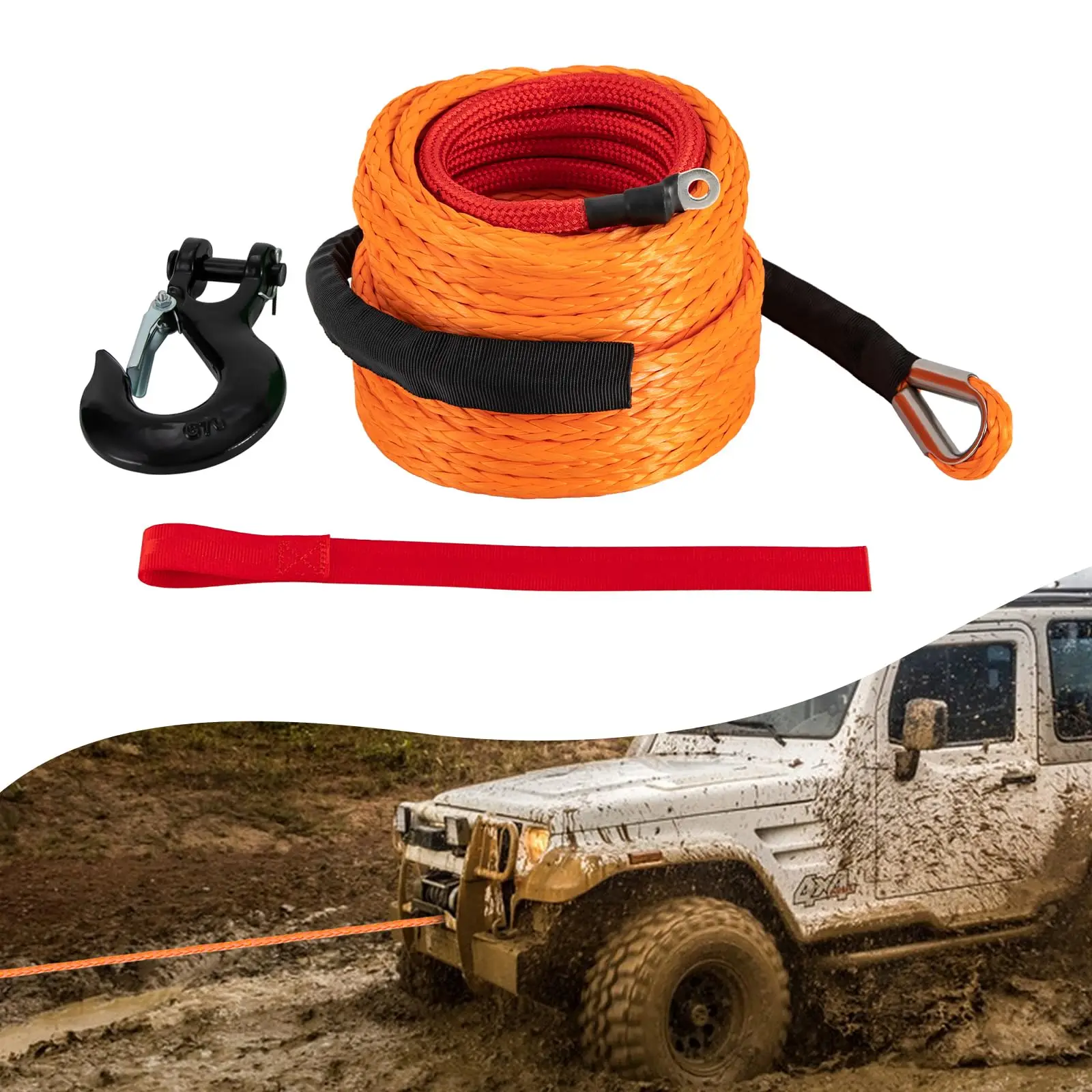 حبل ونش صناعي مقاس 1/2 بوصة × 92 بوصة مع خطاف، كابل استعادة سحب السيارة، كابل ونش بقوة كسر 31,500 رطل مع غلاف واقي