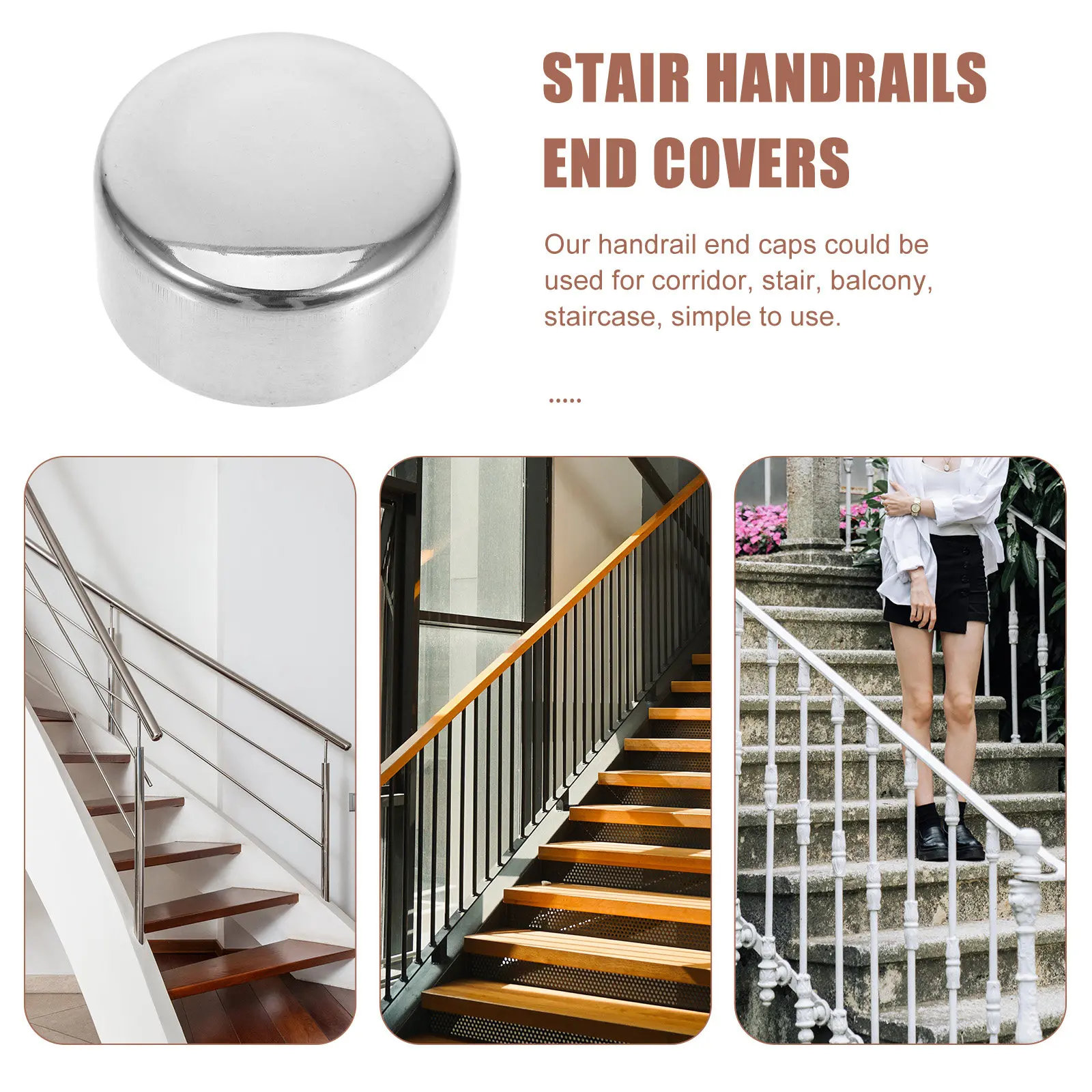 4 Peças de Tampas de Extremidade para Corrimão em Aço Inoxidável para Corrimãos Internos, Acessórios de Cobertura para Corrimão e Tubos de Escada