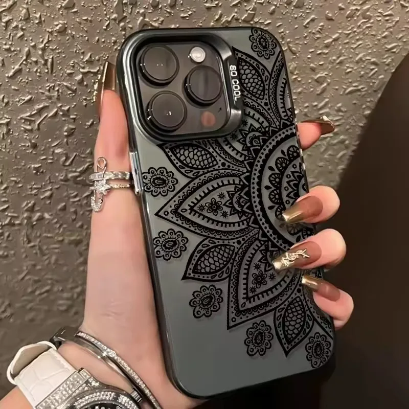 Funda Protectora Anti-Rayones para iPhone 18 17 16 15 14 13 12 11 Pro Xs Max Plus Mini 16e 17e X XR Air, Diseño Mandala Negro, Carcasa Rígida