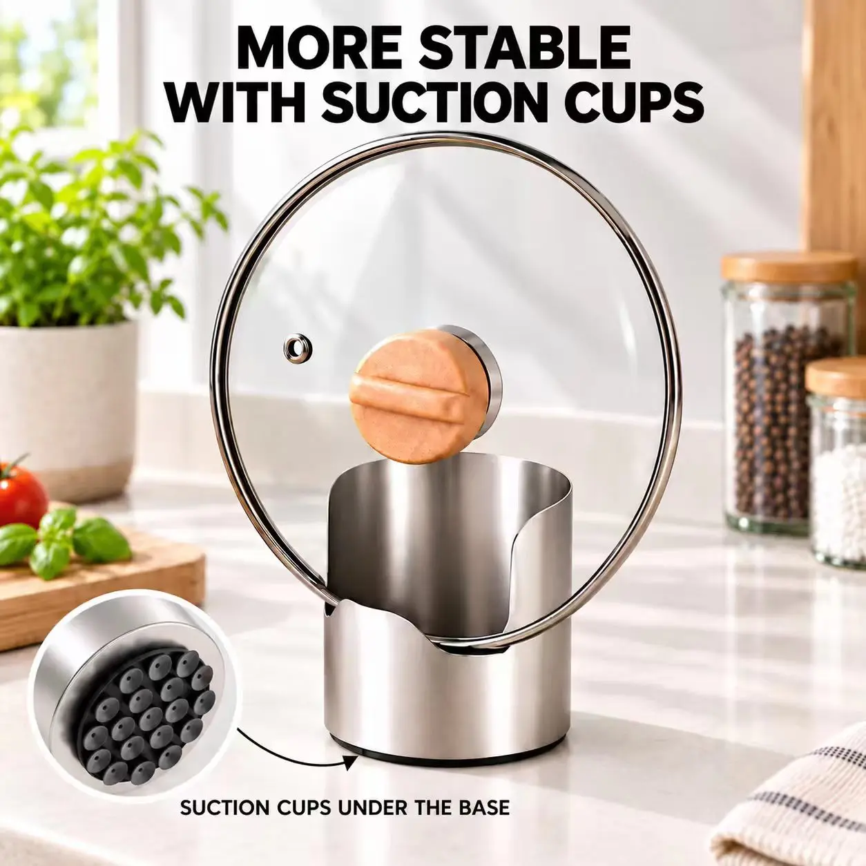 Stainless Steel Pot Lid Holder Countertop Pan Lid Rack with Non-slip Silicone Suction Mat Kitchen Organizer