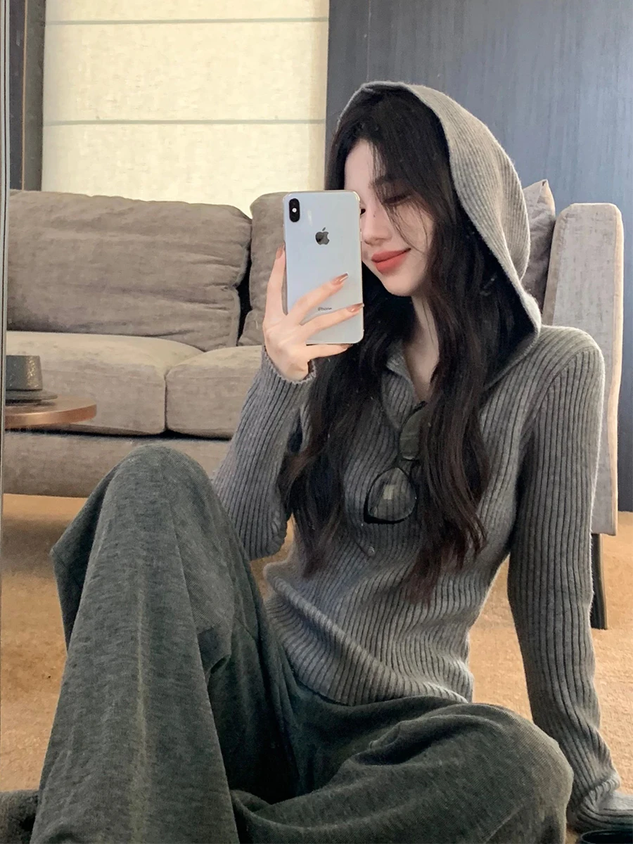 

Gray Knitted Long Sleeve Hoodie Women's Short Style Inner Wear Casual Commute Soft Material Korean Version Regular Fit