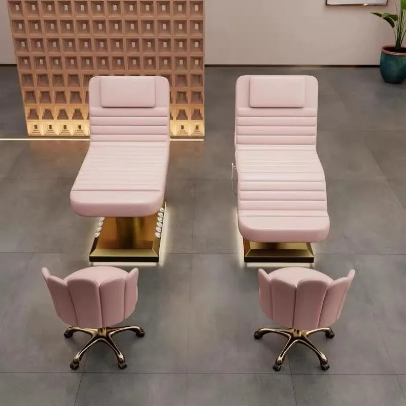 

Luxurious Pink Leather Salon Foot Control Gold Base Massage Table Modern 3 Motors Electric Reclining Facial Spa Bed with Stool