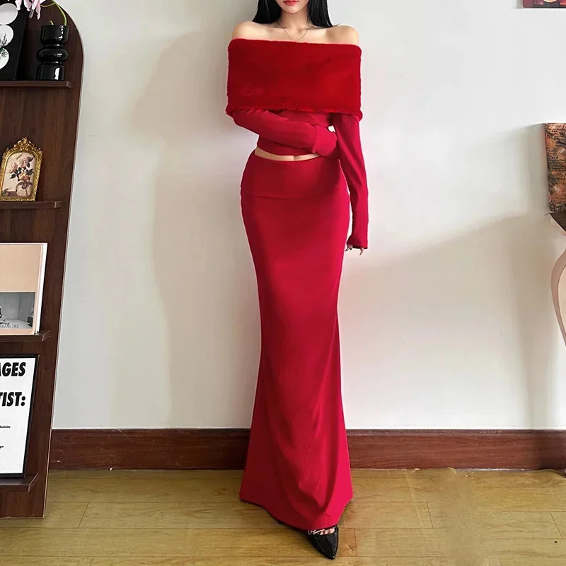 

Women Elegant 2 Piece Set One-shoulder Fur Collar Tops Sweet Personality Street High-waisted Slim Skirt Suit Female 2025 Clothes