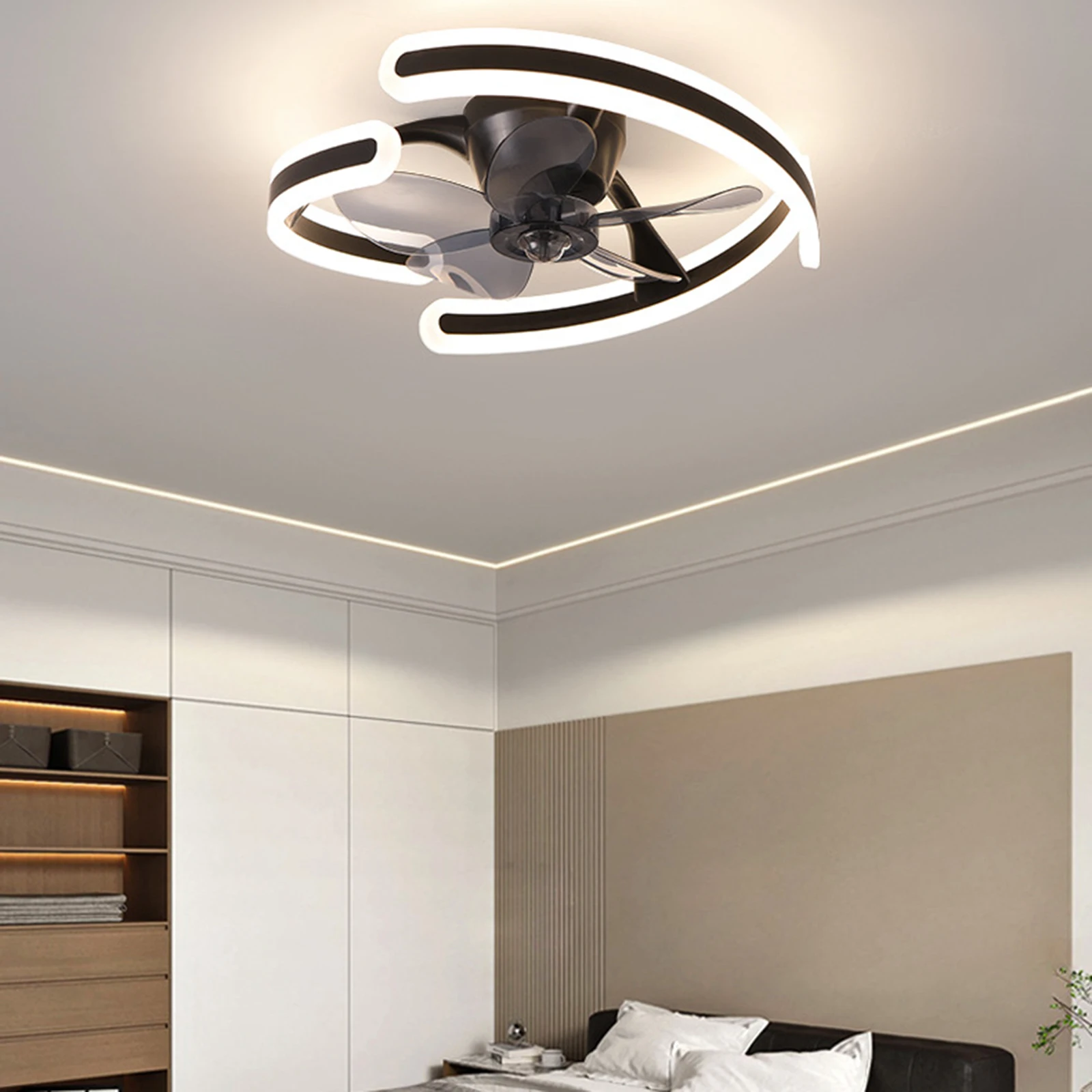 Modern Ceiling Fan Lamp Semi-Flush Mount Ceiling Fan with Dimmable LED Lights 3 Light Colors 6 Wind Speeds Rotation APP Control