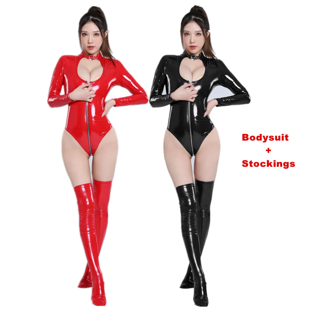 

Women's PU Faux Leather Bodysuit Wetlook Zipper Open Crotch Erotic Sexy Nightclub Patent Leather Long-sleeve Catsuit