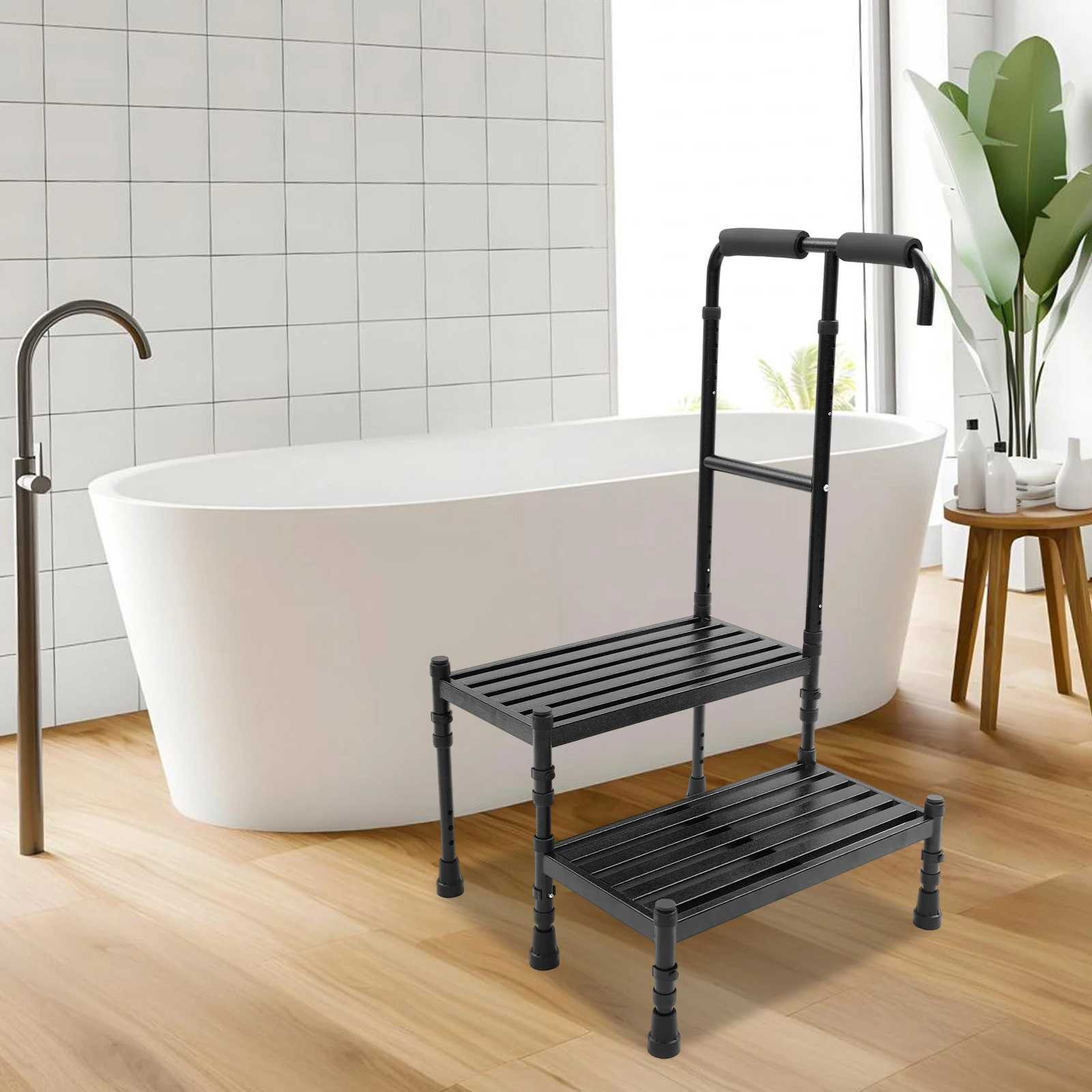 2 Steps 53.5*57*91-108cm Floor Standing Step Stool Adult Ramp Metal Stepping Stool with Comfortable Handle Black