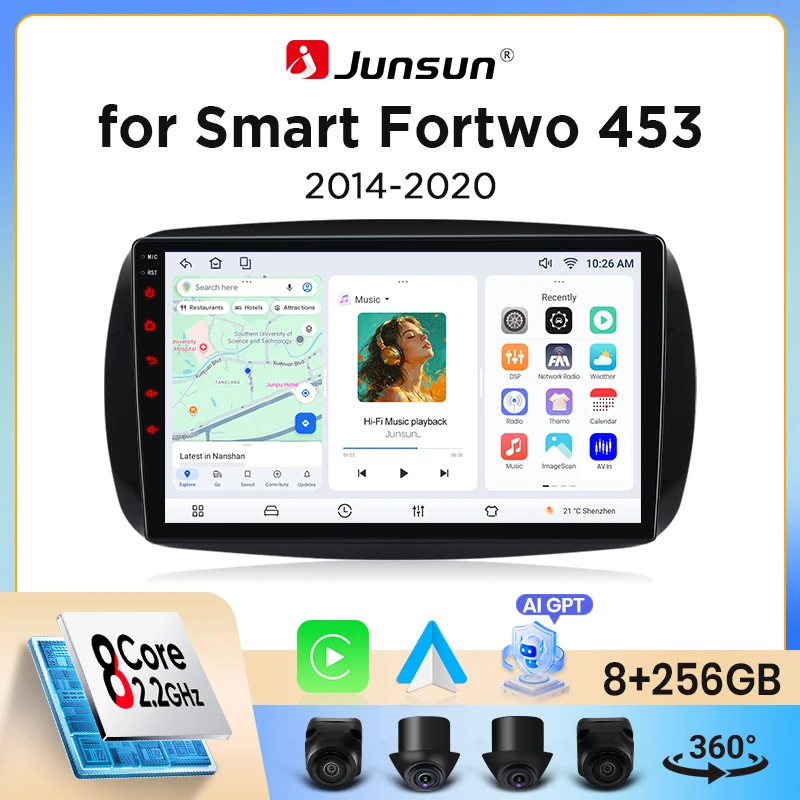Junsun Wireless CarPlay Android Auto Autoradio für Smart Fortwo (C453) / Forfour (W453) 2014-2021 mit integriertem Lüfter, Android GPS-Navigation, Multimedia-Player, WiFi, DSP, RDS, BT, SWC,