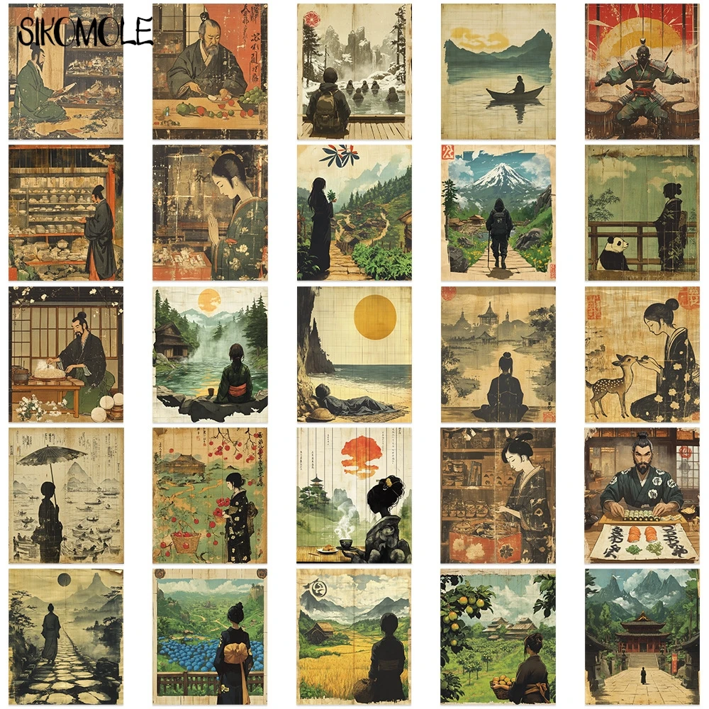 10/30/50pcs Retro Japanese Style Landscape Painting Graffiti Stickers Aesthetic Fridge Laptop Phone Diary Stationery Sticker