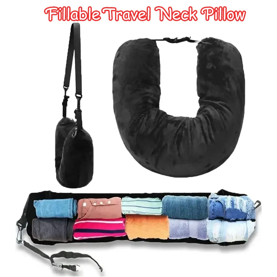 Fillable Travel Neck Pillow Self-filling Towel Clothes Storage Bag Pillow Carry Portable Travel Camping Plane Car Neck Pillow