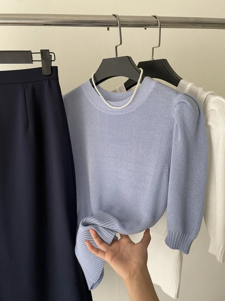 グリーンアイスシルクニット半袖Tシャツ レディース 薄手 夏 ユニーク エレガント パフスリーブ ミドル丈トップス おしゃれ カジュアルウェア