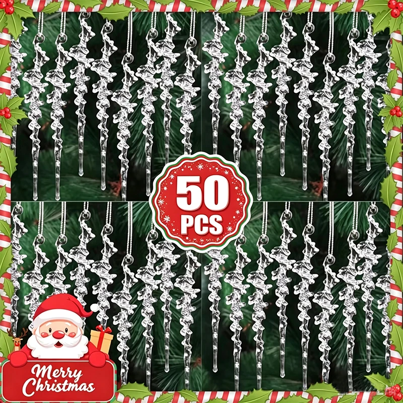 5/50pcs Acrylic Icicle Ornament Transparent Christmas Tree Pendant Drop Ornament Snow Ice Cone Threaded Festival Party Supplies