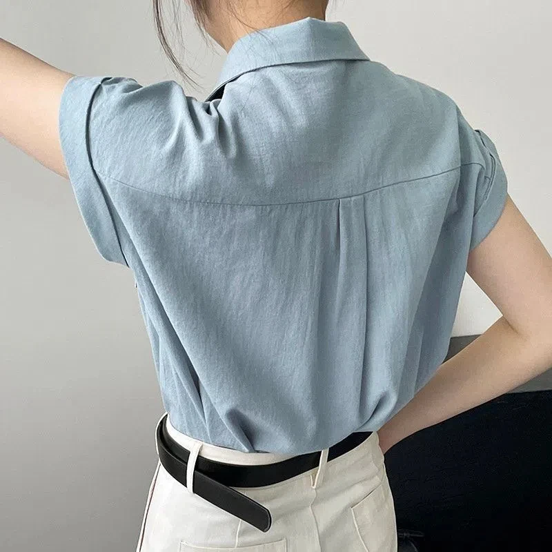 New Summer Button All-match Loose Blouse Short Sleeve Polo Neck Solid Color Vintage Shirt Tops Office Fashion Women Clothing