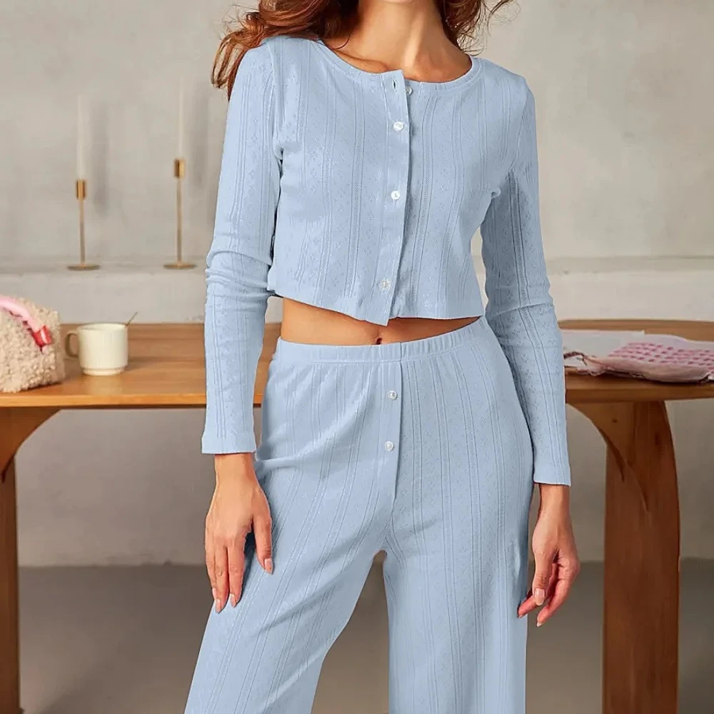 

Women's Pants Pajamas Long Sleeve Trousers Sets Homewear Sexy Hollow Jacquard Women's Pajamas Solid Fashion Button Top Sleepwear