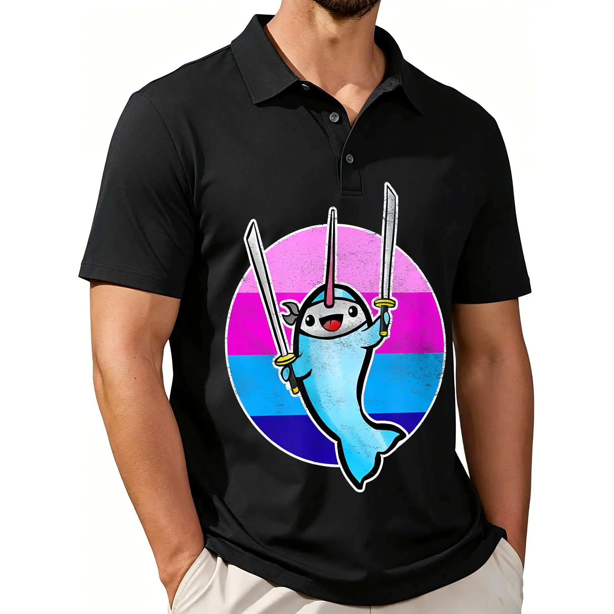 Men's Printed Short-Sleeved Polo Shirt with a Fun Mix of Volcano, Narwhal, and Ninja Designs, Featuring a Stylish and Casual Fit, Breathable Fabric, and Suitable for All Seasons.