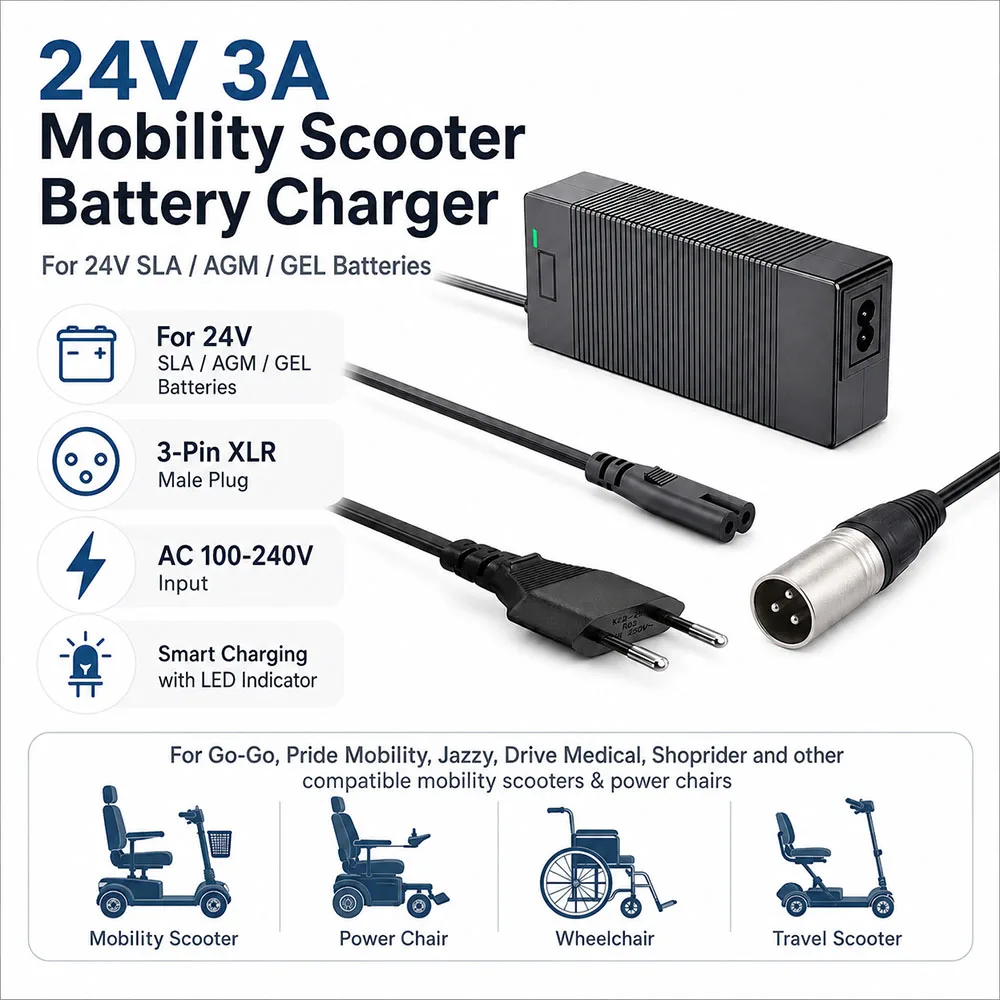 Ładowarka 24V 3A 5A XLR do akumulatorów kwasowo-ołowiowych do wózków inwalidzkich Go-Go Elite Traveller Plus Jazzy, wózków inwalidzkich, kół, hulajnóg Razor i hoverboardów. — zdjęcie produktu 6