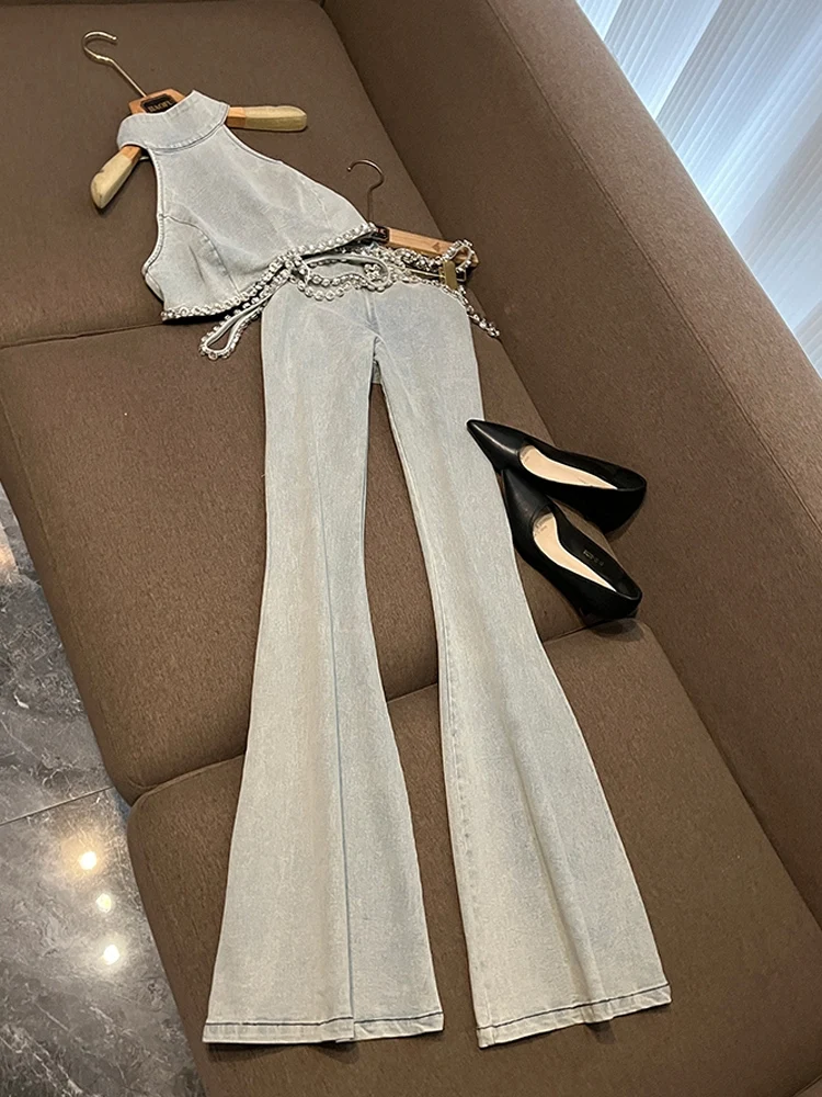 

Ele ort Ne Hanging Neckace Top Джинсы-колокольчики с высокой талией и бриллиантовой цепочкой Женский комплект Faion K36