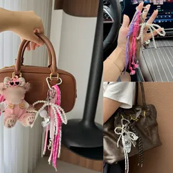 Korean Charm Rope Keychain Kawaii Harajuku Pearl Bowknot Heart Phone Keychains Y2K Bag Pendant Jewelry Vintage Accessories ??