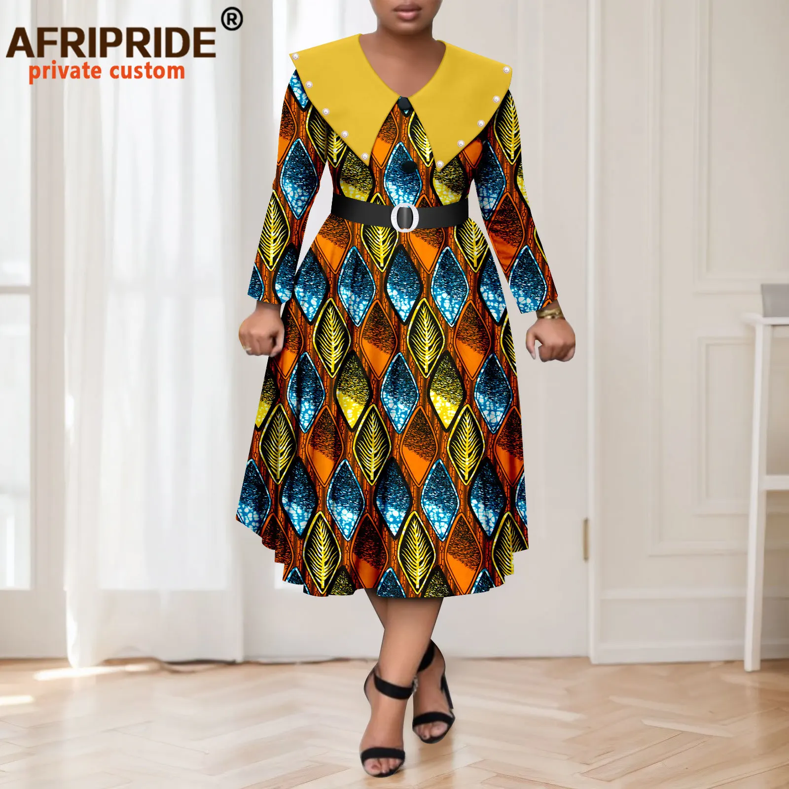 African Dresses for Women Embroidered Flares High Waist Print Dress Casual Party Outfit Dashiki Clothing with Belt 2525047