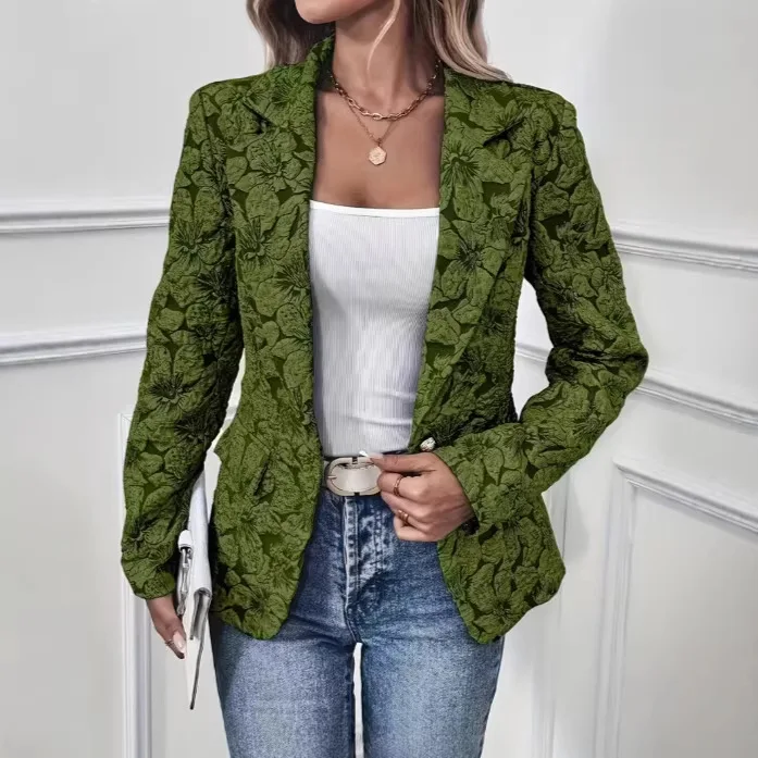 Women's 3D Floral Textured Olive Green Blazer Vintage Single Breasted Suit Jacket Elegant Office Lady Outerwear 2026