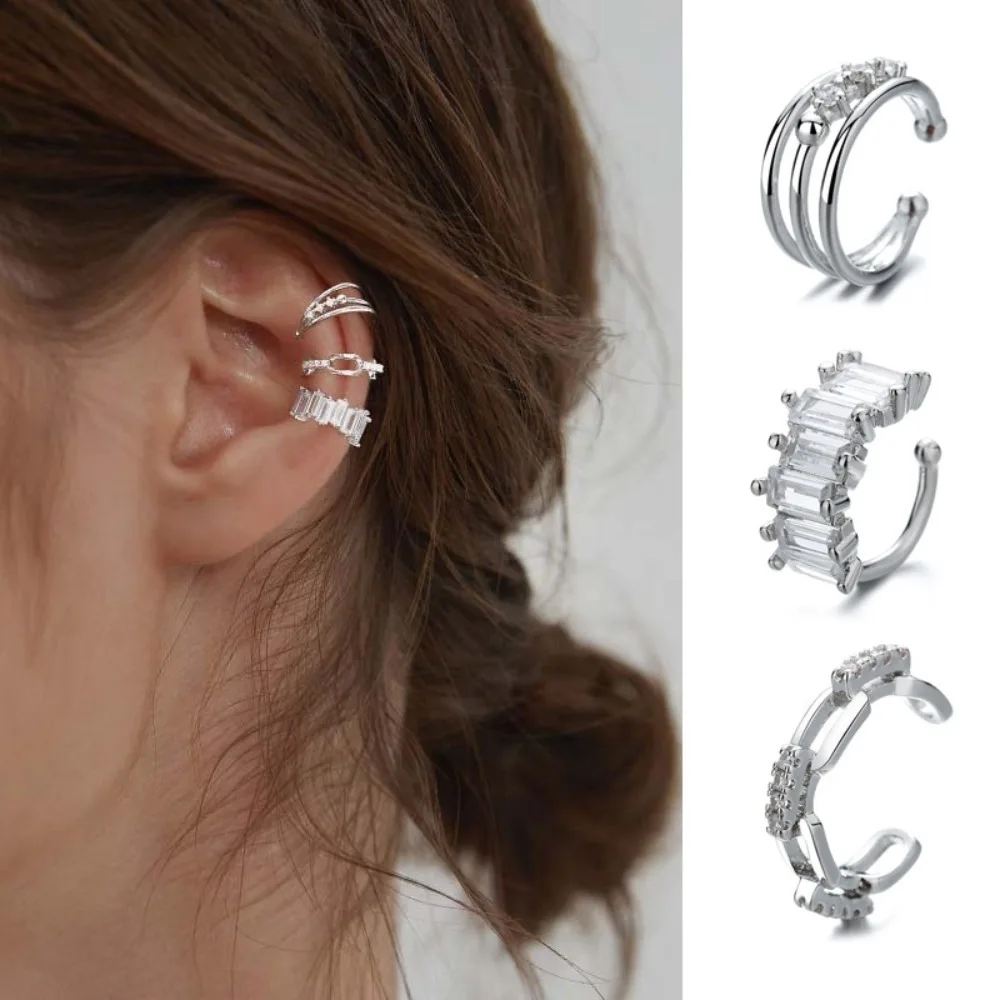 Korea Micro-inlay Zircon Multi-layered Lines C Shape Clip Earrings for Women Stainless Steel No Ear Holes Ear Bone Clip Jewelry