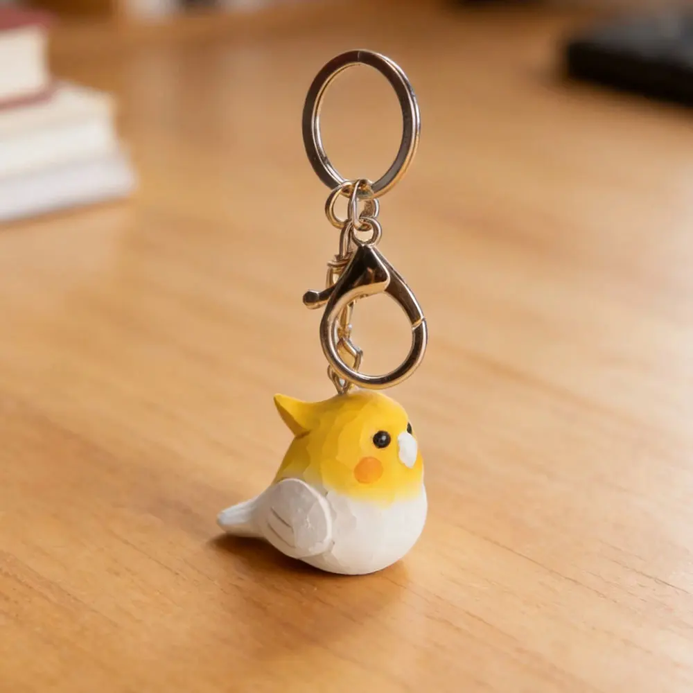 Hand Carved Cockatiel Keychain Cute Parrot Gray White Bird Keyring Wooden Pendant Bag Charm Gift Bird Figurine Keyring