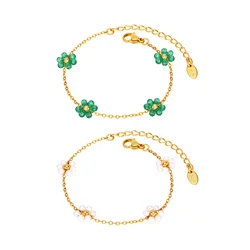 Daisy Flower Bracelet for Women, Beaed Chain 18K Gold Plated Stainless Steel Link Adjustable, Summer Bohe Jewelry