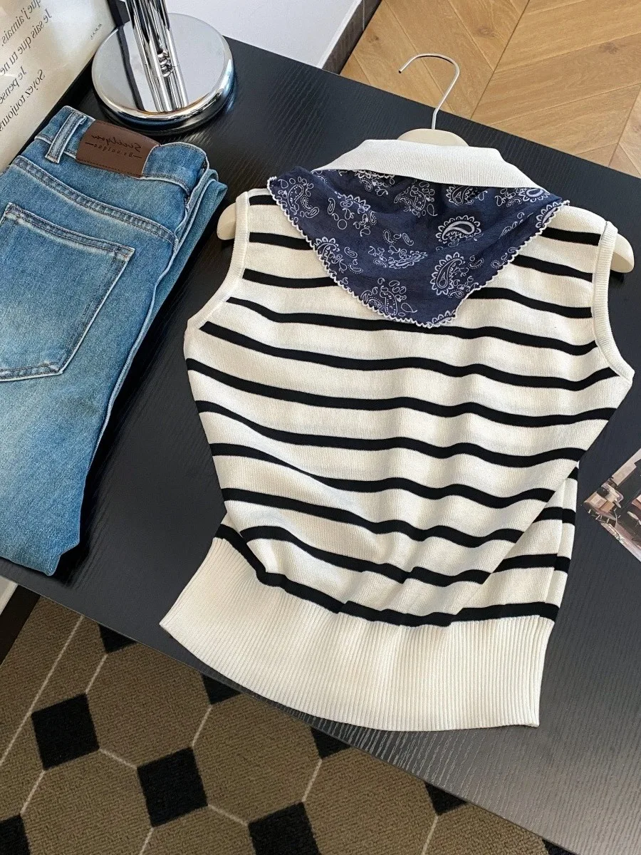 سترة محبوكة بدون أكمام بخطوط متباينة الألوان بتصميم عتيق، قطعة علوية عصرية نحيفة للنساء، مناسبة للصيف والتنقل اليومي، قصة مست...