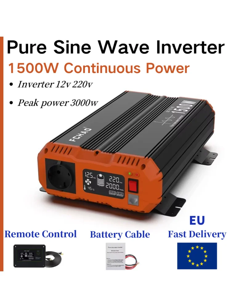 FCHAO 1500 Watt 50Hz Inwerter Prądu Stałego 12V na Prąd Zmienny 230V Wtyczka EU Czysta Falownica Sinusoidalna do Użytku Domowego i w Kamperach — 2