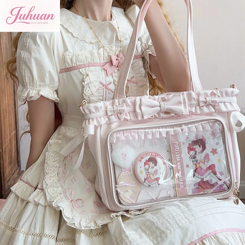 

Kawaii Japanese Sweet Cute Lolita Tote Women's Bags Bow Ruffle Big Pain Window Bar Lta Bag Girls Portable Shoulder Messenger Bag