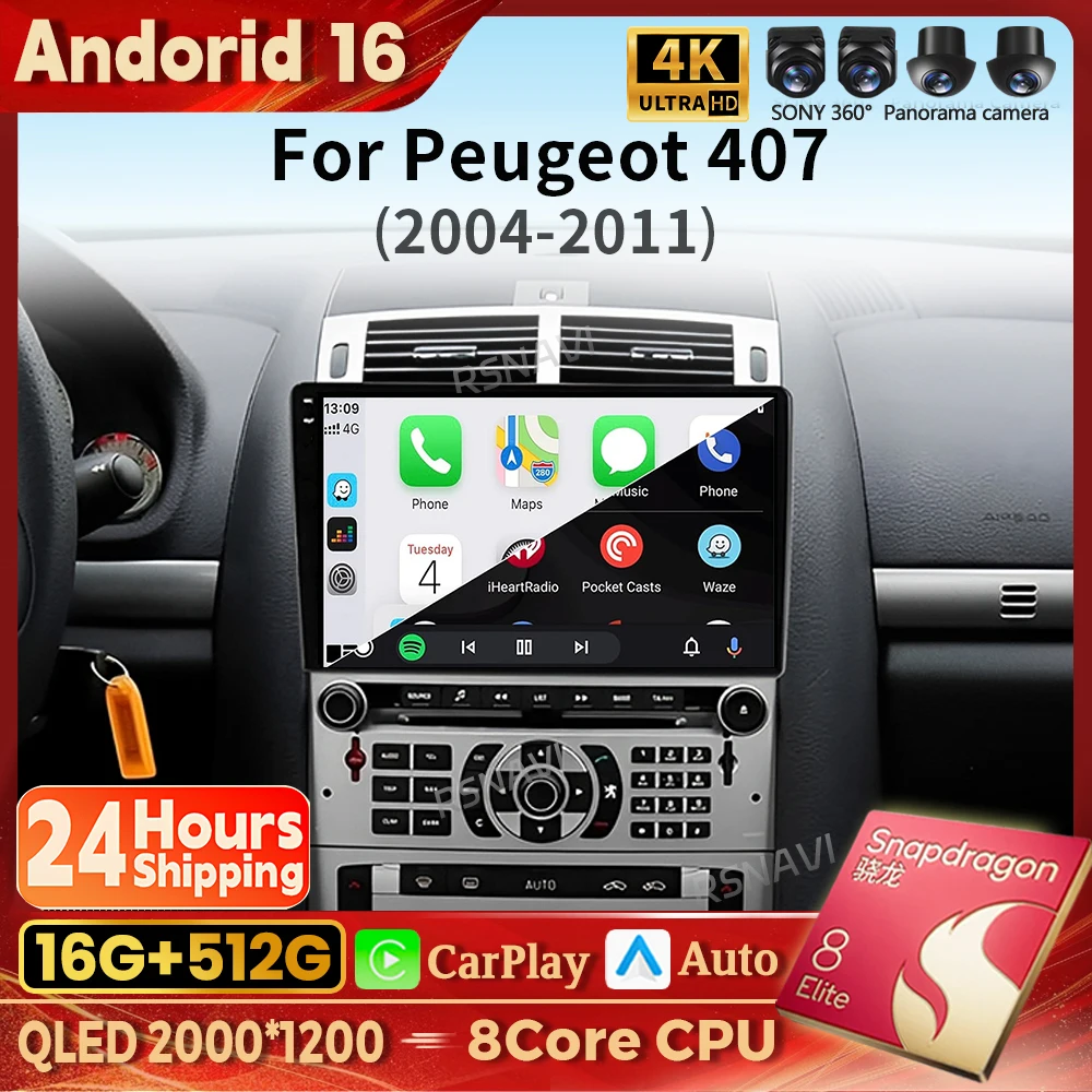 Android 16 CarPlay Car Radio Multimedia For Peugeot 407 CC 407CC SW 2004-2011 Navigation Video DVD Autoradio Stereo BT Head Unit