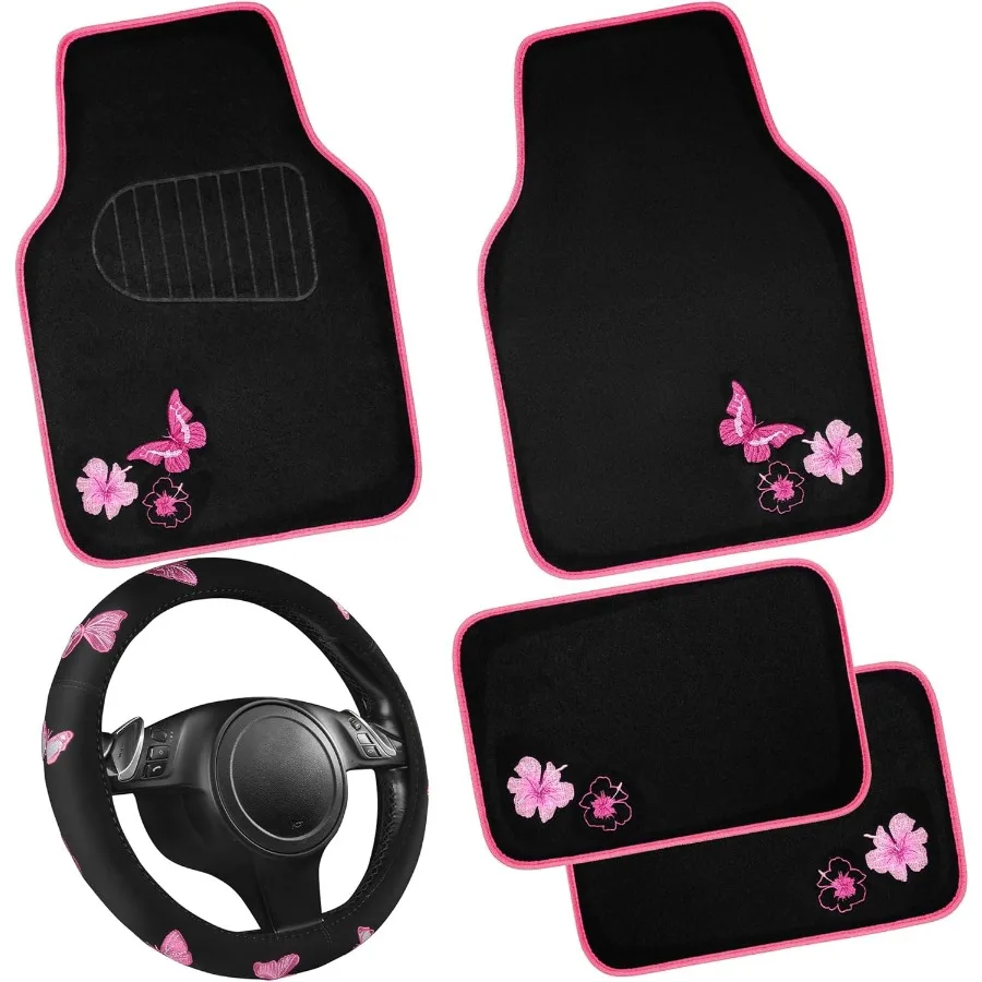 

Чехол на руль с вышивкой-бабочкой и водонепроницаемые автомобильные коврики Розовые автомобильные коврики 14,515 дюймов, универсальные чехлы на руль