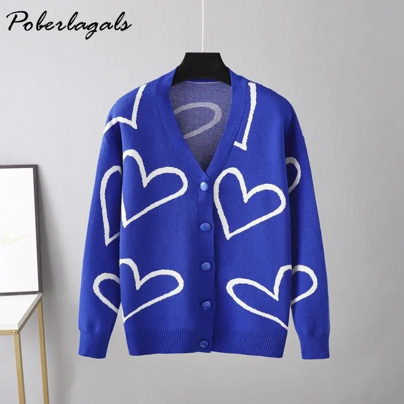 Women\'s Heart Pattern Knit Drop Shoulder Cardigan Korean V-Neck Long Sleeve Loose Sweater Oversized cardigans Female Autumn 2023