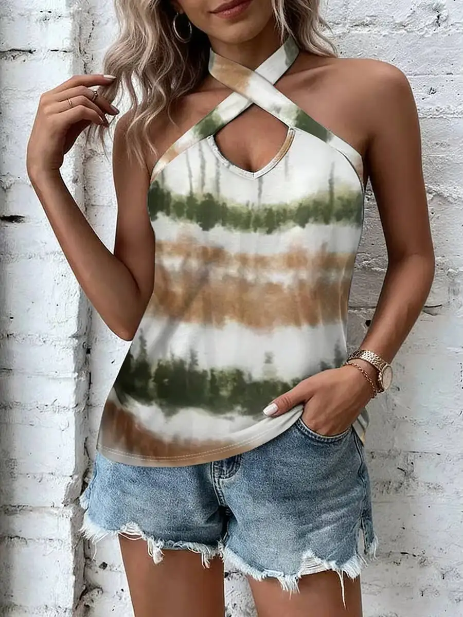 Damen Tie-Dye Criss-Cross Neckholder-Tanktop mit Cut-Out und V-Ausschnitt, ärmellos, schmal geschnitten, lässige Weste für Frühling, Sommer, Alltag und Urlaub