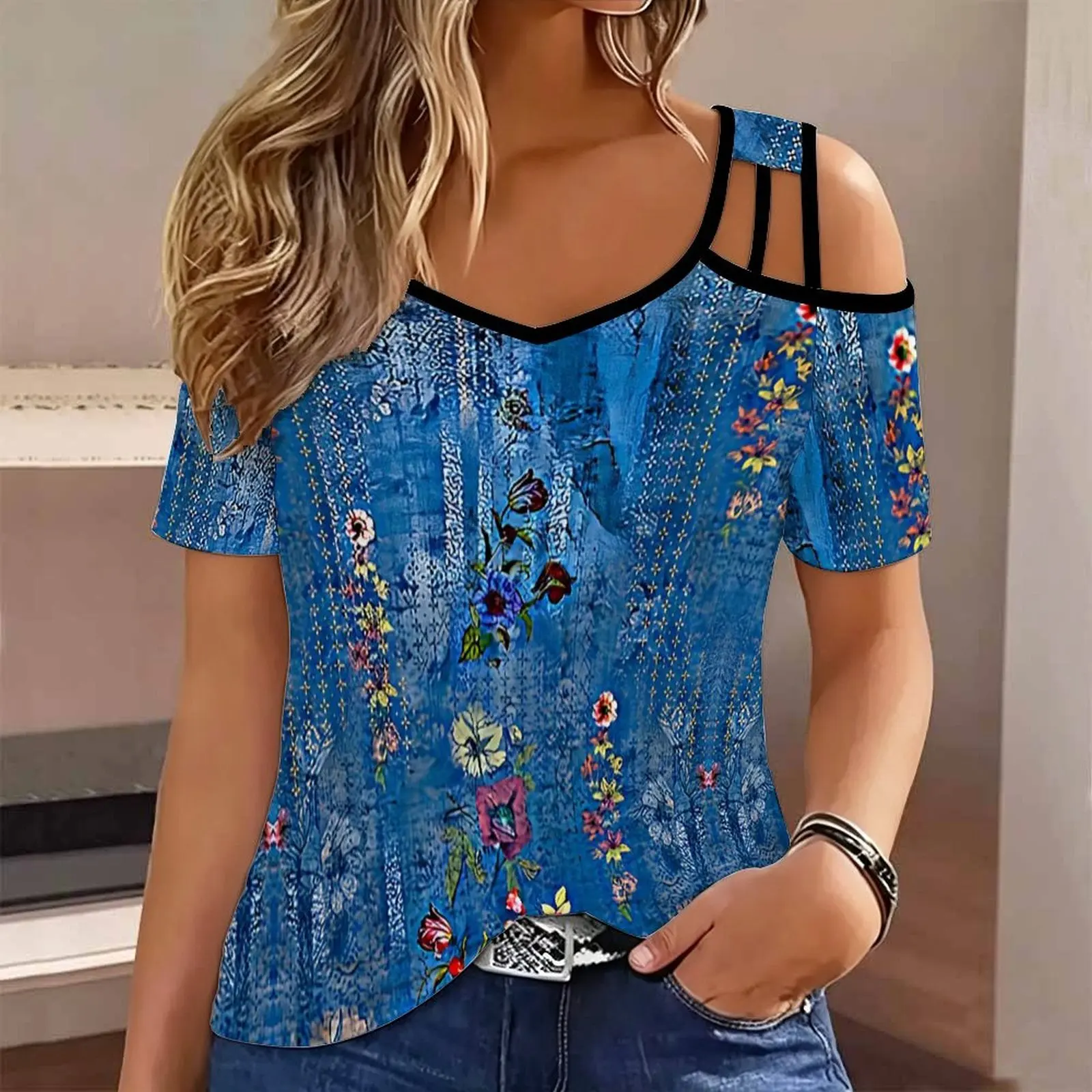 Plus Size Summer Women’s Retro Print Cold Shoulder V Neck Tee Elegance Fashion Casual Top Beach Vacation Wear