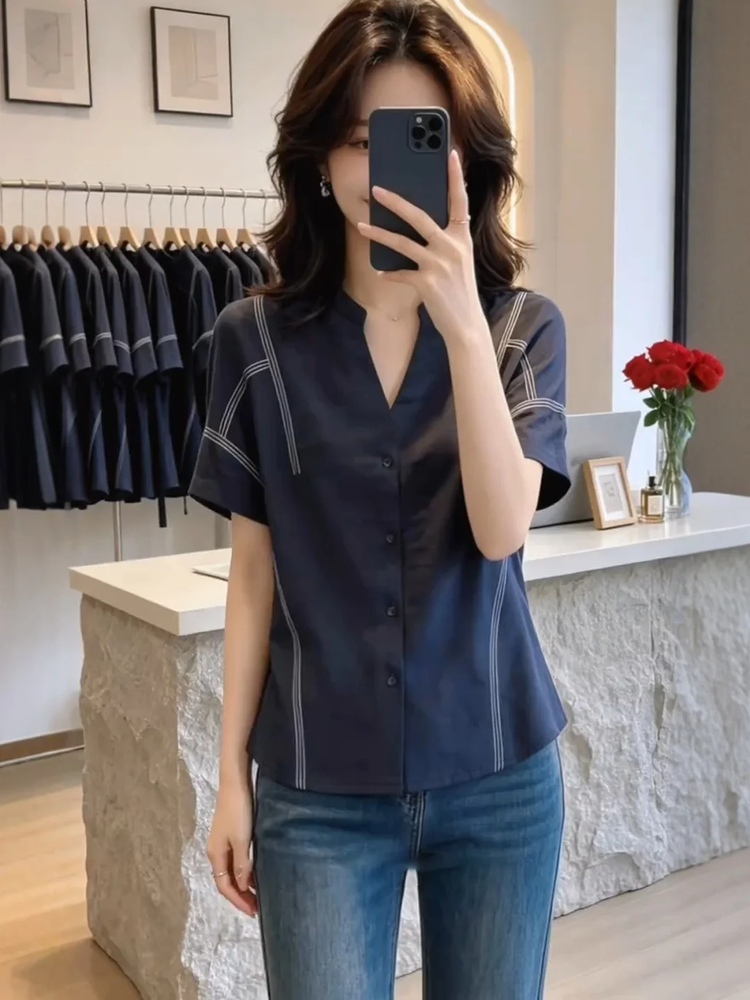 

Loose V-Neck Short Sleeve Shirt Women's plus Size Fashionable Slimming Top Summer New Style Blue French Style Button up Shirt