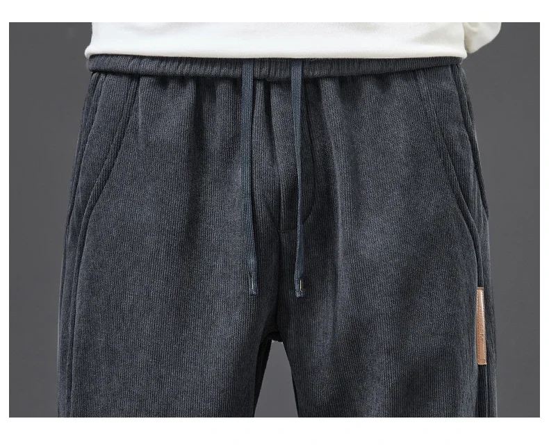 Winter Warme Fleece-Gefütterte Herren-Cordhose, Weite Gerade Hose mit Kordelzug und Elastischem Bund, Streetwear Braune Freizeithose für Männer – Detail 13