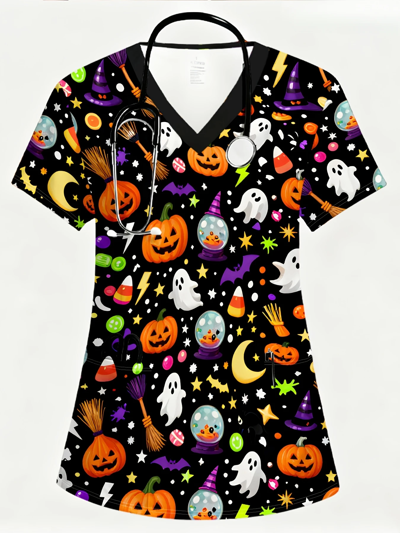 Damen-Halloween-Oberteil mit Aufdruck, Kürbis-Geister-Fledermaus-Muster, V-Ausschnitt, kurzärmelige Krankenschwester-Arbeitsuniform mit Taschen. – Detail 2