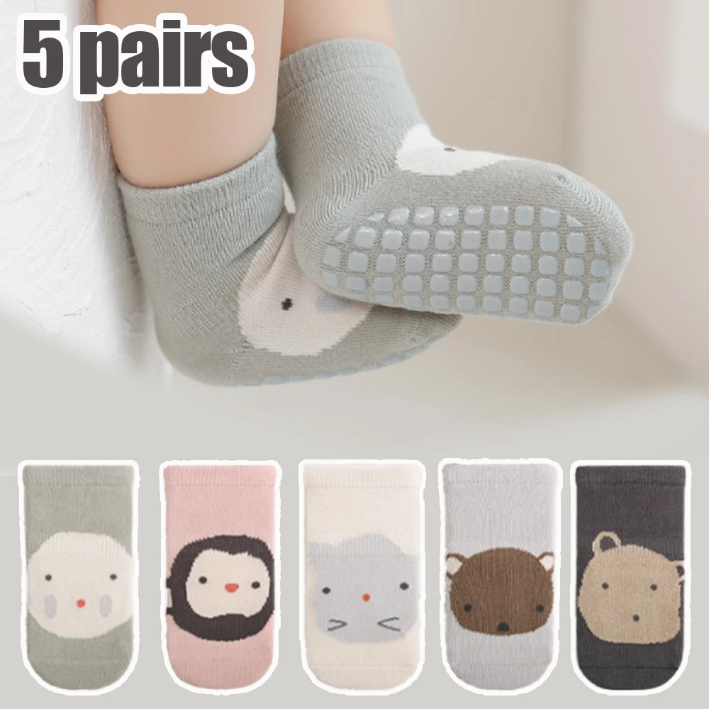 5 pairs of boys and girls' anti slip socks with cute cartoon animal patterns, comfortable and breathable baby floor socks