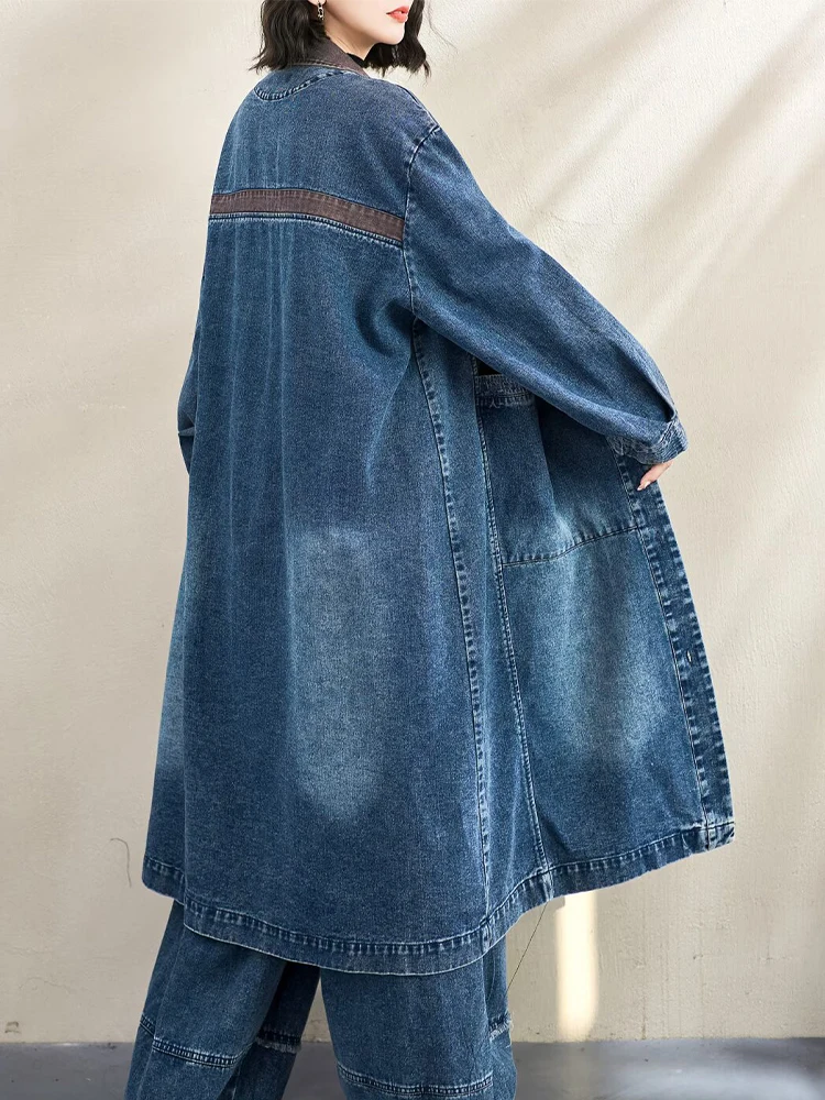 Amax LuluE 春 ブリティッシュ ヴィンテージ パッチワーク トレンチコート レディース 2026 クラシック デニム ウィンドブレーカー レディース ルーズ カジュアル ロングコート