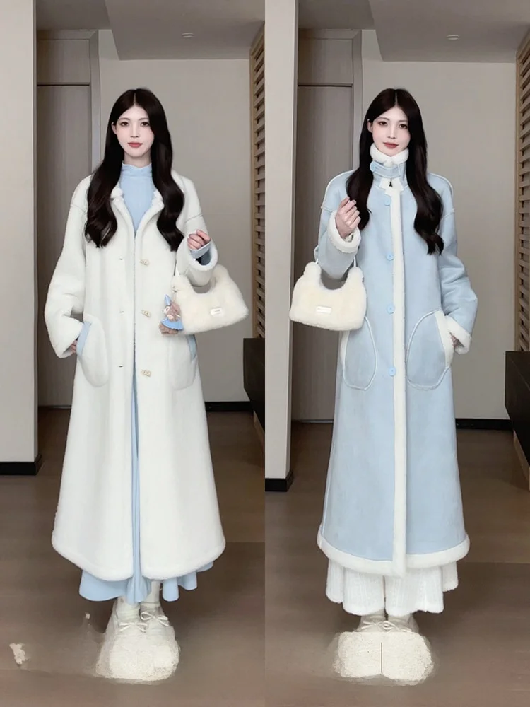 

Белое пальто из овечьей шерсти для женщин, удлиненное, утепленное, зимнее, в корейском стиле, свободное, утягивающее, в стиле свитера, от Songben Sāngsāng