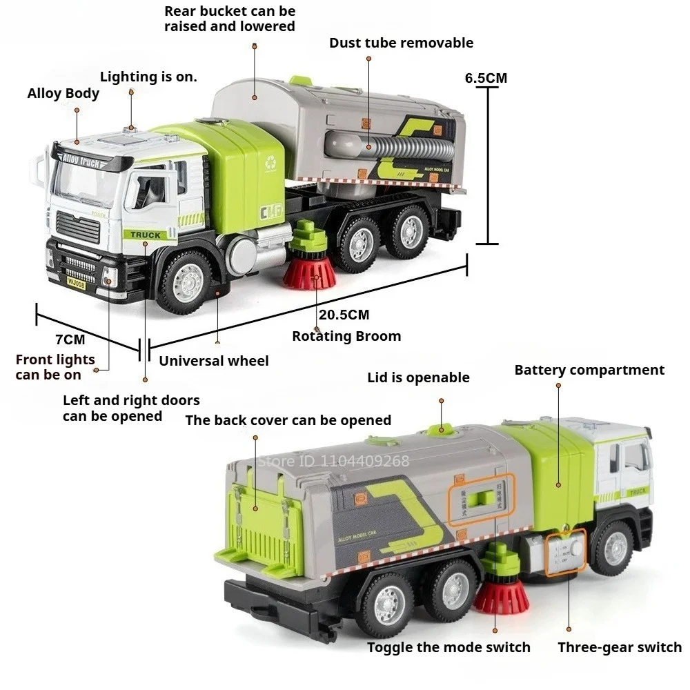 1:50 Washing and Sewage Suction Truck Sweeper Car Model Toy Music Light Engineering Vehicle Simulation Toys Shelf Display