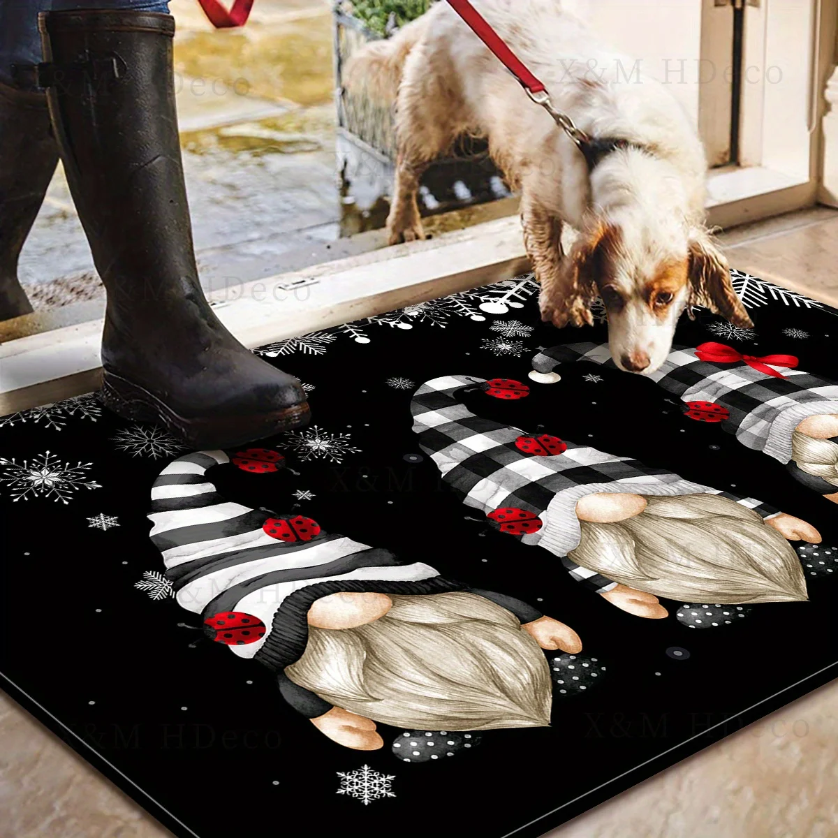 1pc Black‑White Gnome & Santa Printed Bath Mat, Seasonal Home Decor, Cute Aesthetic Room Decoration